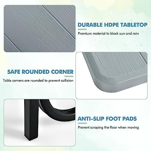 ORALNER Picnic Table, Resin Dining Table & 2 Benches Set, Weather Resistant Wood Grain Plastic Tabletop & Steel Frame, Picnic Tables for Outdoors, Porch Yard Patio Lawn Party Camping (Grey) - Image 7