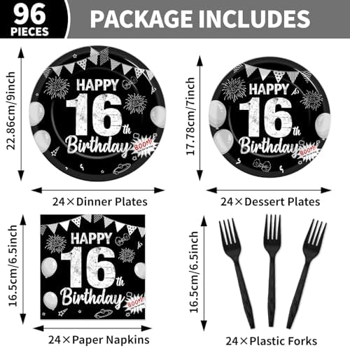 96PCS 16th Birthday Party Paper Plates and Napkins and Forks Set for Black sweet 16 Years Old Party Paper Plates Disposable Decor Happy 16th Parties Set for Kids Birthday Gatherings Decorations - Image 2