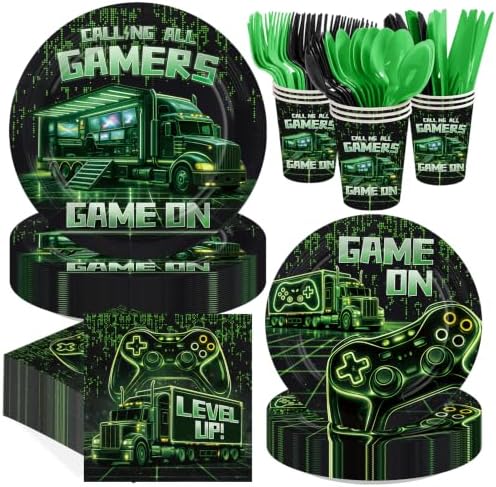 168 Pcs Video Game Birthday Party Decorations Neon Green Gaming Truck Plates and Napkins Cups Tableware Set for Boys Men Level Up Game On Theme Night Birthday Party Supplies Serves 24 by Greencian