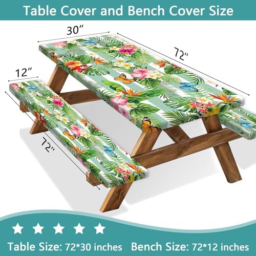 Picnic Table Cover with Bench Covers, Camping Essentials Hawaiian Luau Tropical Palm Leaves Flower Butterfly Waterproof Windproof Fitted Tablecloth Cover with Elastic Edge for Outdoor 3 PCS 30x72 Inch - Image 3