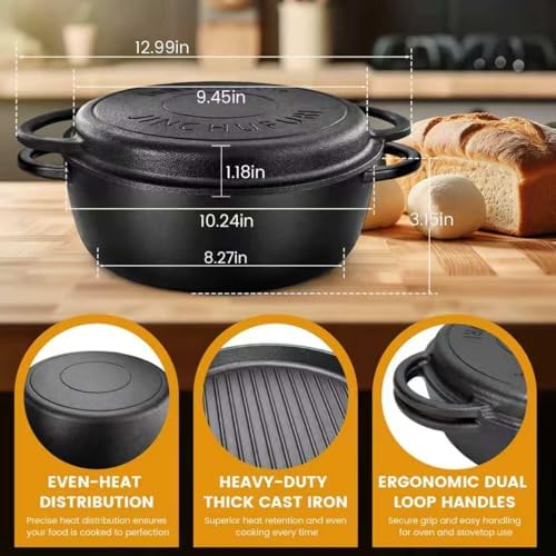 3.5QT Cast Iron Dutch Oven with Skillet Lid, 2-in-1 Cookware Set - Image 4