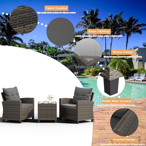Shintenchi 3 Pieces Patio Furniture Set 3 Pieces PE Rattan Wicker Chairs with Table Outdoor Furniture for Backyard/Garden/Poolside/Outdoor Restaurant Gary Rattan with Gary Cushion - Image 6