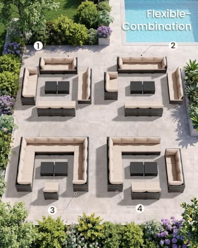 Patio Furniture Set - All-Weather - 14 Piece Patio Outdoor Conversation Set, Modular Wicker Rattan Sectional Sofa for Backyard, Garden, Poolside, Balcony, Porch, Patio, Brown/Khaki - Image 7