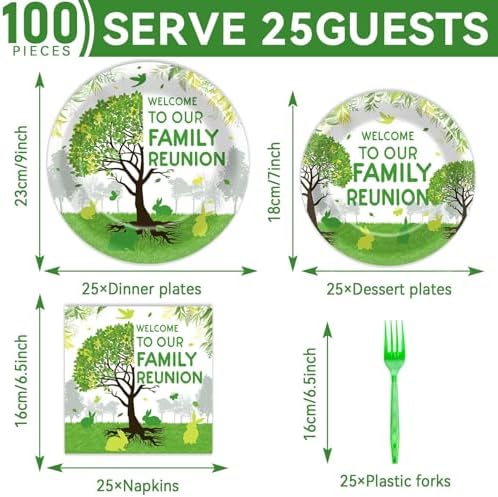 100Pcs Family Reunion Party Decorations Family Tree Reunion Plates Napkins Green Tree Welcome to Our Family Reunion Tableware Set Spring Family Reunion Party Supplies for Family Gathering 25 Guests - Image 2