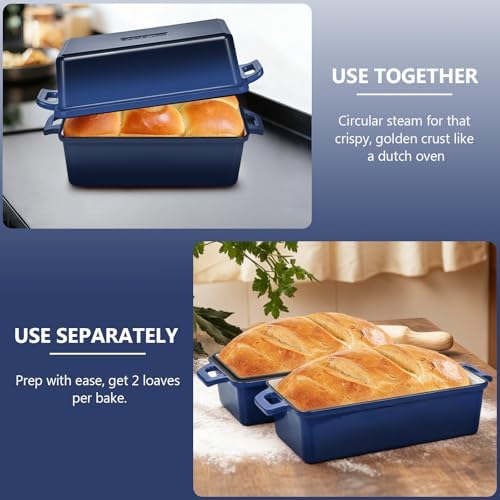 Wildone 2 in 1 Enameled Cast Iron Bread Pan with Lid, 9x5 Loaf Pans for Homemade Sourdough Bread, Cake, Meatloaf, Even Heating Bread Dutch Oven, Navy Blue - Image 3