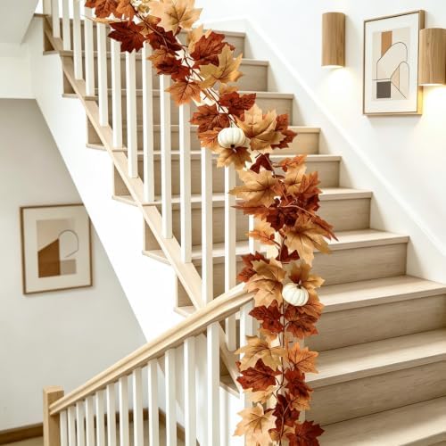 2 Pack Fall Garland with Lights-Total 12Ft Autumn Leaves Garland for Mantle Fireplace-Brown Fall Decor for Front Door with Pumpkins Indoor Maple for Stairs Porch Thanksgiving Decorations - Image 6