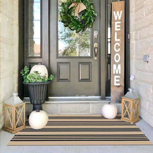 IOHOUZE 2x4.3 Striped Outdoor Door Mat, Washable Front Porch Rug, Black Tan by iOhouze