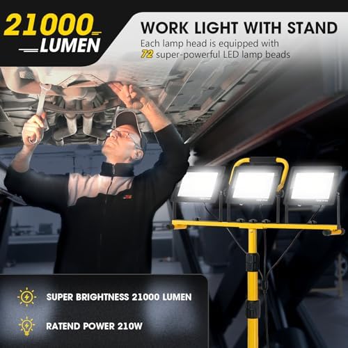 Zetunlo 21000Lumen LED Work Lights with Stand - 3 Head Portable Work Light with 16FT Cord - IP66 Waterproof Tripod Worklights for Outdoor Indoor Job Site Workshop Garage Construction Site Lighting - Image 2