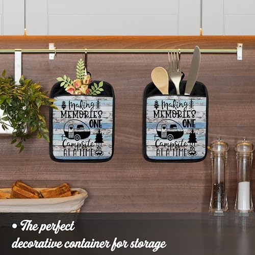 Camping Camper RV Gifts Pot Holders with Pockets, Making Memories One Campsite at a Time Pot Holders Heat Resistant Oven Mitts Hot Pads for Campsite RV Kitchen Baking Cooking - Image 3