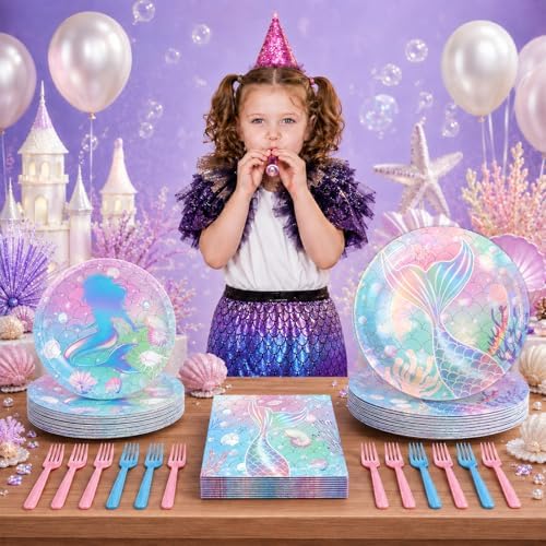 96Pcs Mermaid Party Paper Plates Napkins Set Iridescent Mermaid Birthday Supplies Holographic Disposable Dinnerware for Under the Sea Ocean Themed Birthday Gatherings Decorations - Image 6