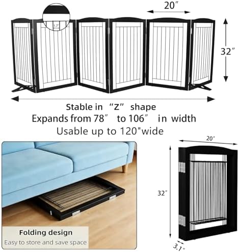 ZJSF Freestanding Dog Fence Indoor, Foldable Dog Gate for Doorways, Stairs or Hallways, Sturdy Wood Extra Wide Pet Gate with Support Feet for The House, Black, 32 "Height-6 Panels - Image 6