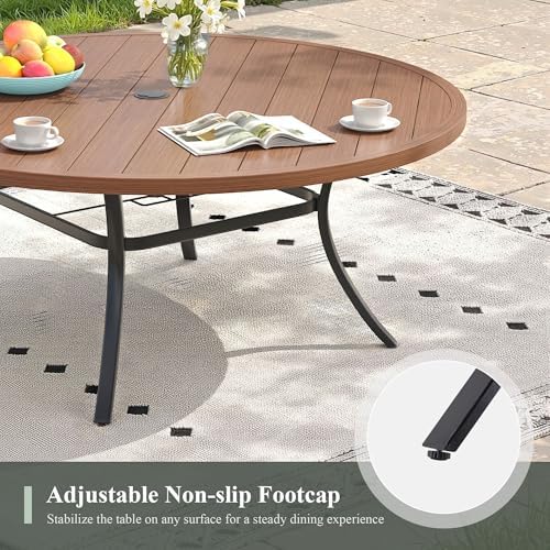 Outdoor Dining Table for 8, 60" Round Outdoor Table with Adjustable Umbrella Hole, All-Weather Metal Patio Dining Table for Lawn Garden Backyard Deck, Walnut - Image 7