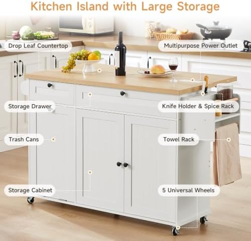 ONBRILL 60" Kitchen Island with Trash Can Storage, Rolling Island Table - Image 3