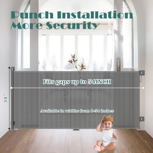 Retractable Baby Gate for Stairs, Dog Gate Indoor 55" Wide × 34" Tall Gray. - Image 3