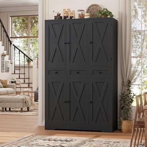 HOSTACK 67"H Farmhouse Kitchen Pantry Storage Cabinet with 3 Drawers, Black - Image 4