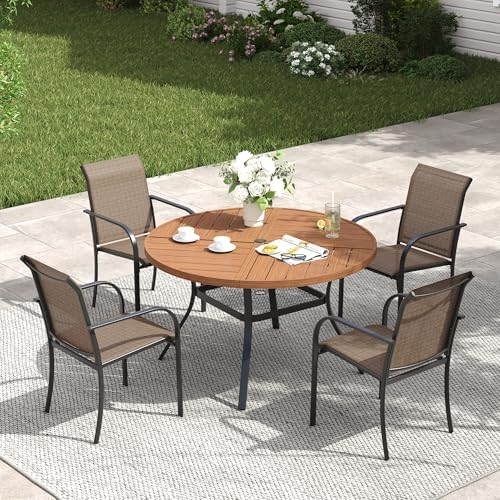 VICLLAX Patio Table and Chair Set of 4, All Weather Metal Round Outdoor Dining Furniture Set-40.6" Round Outdoor Table and Chairs, Walnut Wood Grain Tabletop by HOME