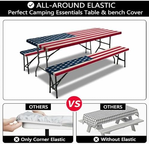 American Flag Picnic Table Cover with Bench Covers, Waterproof Windproof Oilproof, Camping Essentials, Fitted Tablecloth Cover with Elastic Edge, for Indoor & Outdoor, Garden, 3 Pieces Set, 30x96 Inch - Image 6