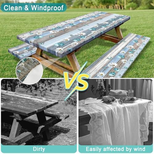 Floral Picnic Table Cover with Bench Covers, Camping Essentials, Wooden Flower Butterfly Waterproof Windproof, Fitted Tablecloth Cover with Elastic Edge, for Indoor, Outdoor, 3 PCS, 30x60 Inch - Image 5