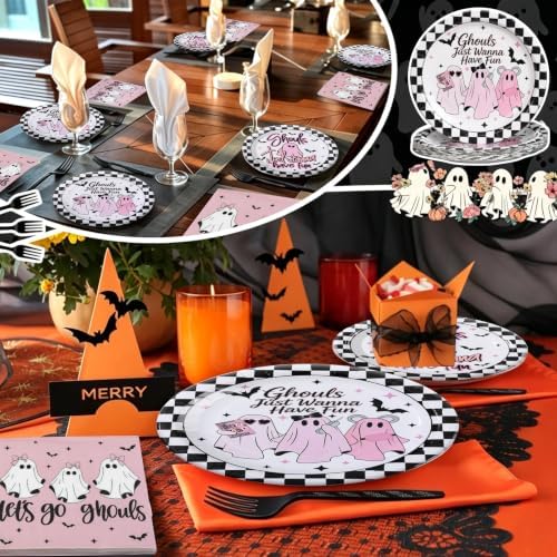 125 Pcs Halloween Girls Night Decorations Tableware Ghouls Night Supplies | Ghouls Just Wanna Have Fun Birthday Party Decor, Pink Ghost Girly Bachelorette Disposable Plates & Napkins for 25 Guests - Image 7