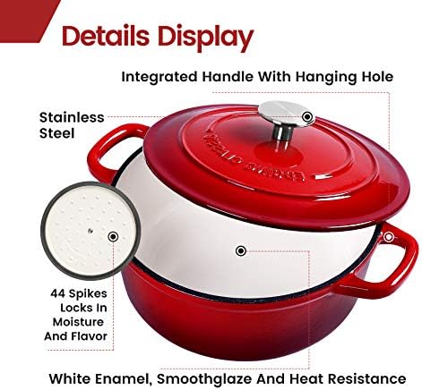 EDGING CASTING Enameled Cast Iron Dutch Oven, 5.5 Quart, Round Dutch Ovens Pot with Dual Handle for Bread Baking, Dutch Ovens with Lid, Bread Oven, Red - Image 4