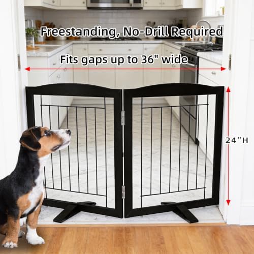 ZJSF Freestanding Dog Fence Indoor, Foldable Dog Gate for Doorways, Stairs or Hallways, Sturdy Wood Extra Wide Pet Gate with Support Feet for The House, Black, 24 "Height-2 Panels - Image 2