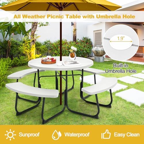 Tangkula 8 Person Round Picnic Table with 4 Built-in Benches, White - Image 4