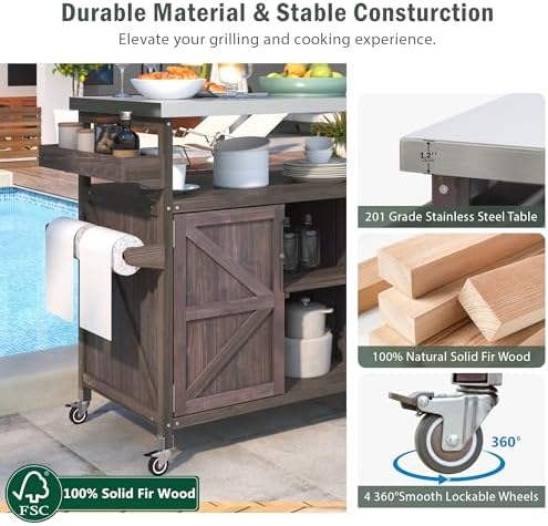 Merax Outdoor Kitchen Island, Rolling Bar Cart & Storage Cabinet, Farmhouse Solid Wood Outdoor Grill Table with Stainless Steel Top, Spice Rack, Towel Rack for Kitchen & Barbecue, Dark Brown - Image 3