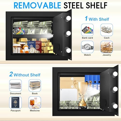 1.3 Cub Small Fire Safes Document Box Home, Security Home Safes Water and Fireproof with Digital Keypad, Spare Keys and Removable Shelf, Anti-Theft Fireproof Waterproof Safe for Home Money Valuables - Image 5