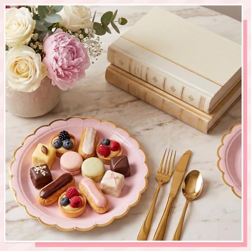 NatNarr 30 Pk Pink Gold Plates 9" Disposable Scalloped Pink Paper Plates - Image 4
