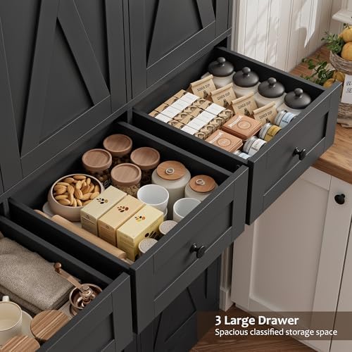 HOSTACK 67"H Farmhouse Kitchen Pantry Storage Cabinet with 3 Drawers, Black - Image 6