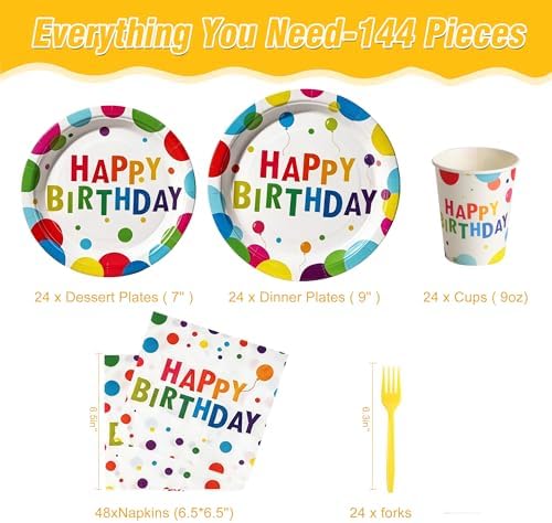 144 Pcs Birthday Party Tableware Set for 24 Guests, Heavy-Duty 7" & 9" Paper Plates, Cups, 2-Ply 13" Napkins & Plastic Forks, Disposable Rainbow Confetti "Happy Birthday" Party Supplies - Image 2