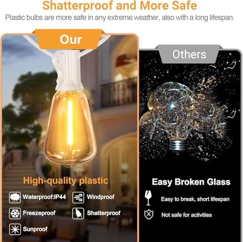 LAMPHOME 4-Pack 26FT Outdoor Patio Lights, 2700K Warm White String Lights 12+1 LED Waterproof Shatterproof Edison Bulbs, Dimmable with Timer for Garden Backyard Yard Hanging Lighting - Image 3
