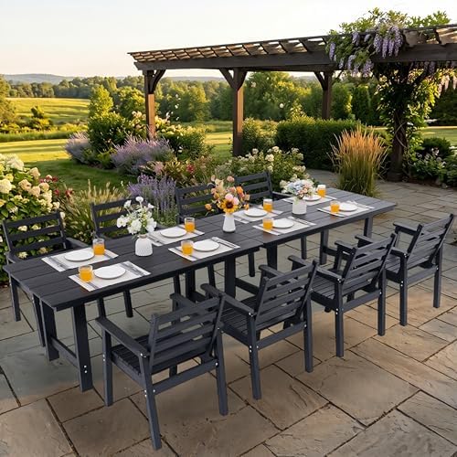 10-Piece Outdoor Dining Set, All-Weather HDPE Patio Furniture, Two 66.5" Slatted Table with 1.6" Umbrella Hole & 8 Ergonomic Armchairs, Heavy Duty 350lbs Capacity, UV Resistant, Black by Unknown