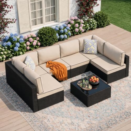 JAMFLY 7-Piece Patio Furniture Set, Outdoor Wicker Sectional Sofa with 4-Inch Thick Cushions & Coffee Table, All-Weather PE Rattan Conversation Set for Backyard, Garden, Poolside, Beige by JAMFLY