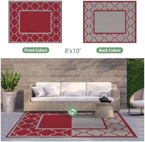 GENIMO Outdoor Rug, Waterproof Plastic Rugs for Patio, 8'x10' Red Grey - Image 4