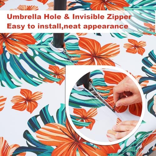 SquarePie Round Outdoor Talecloth with Umbrella Hole and Zipper 60 Inch,Water Resistant SpillProof Patio Table Cloth Cover for Spring Summer Camping Garden Poolside Picnic,Palm Leaf Orange Flower - Image 2