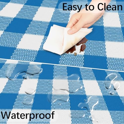 Fitted Round Tablecloth with Umbrella Hole and Zipper Buffalo Plaid Outdoor Elastic Table Cloth 36"-44" Oil-Proof Waterproof Moroccan Patio Table Cover for Dining Picnic Party, Blue and White - Image 5