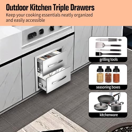 Outdoor Kitchen BBQ Drawers Stainless Steel Built-in with Handle Weatherproof Storage for Outdoor Grill Station Accessories (14''W x 14.3''H x 23''D) - Image 4