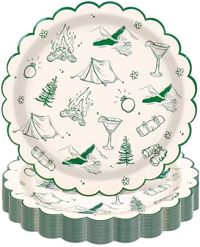 JarThenaAMCS 40Pcs Camp Bachelorette Party Paper Plates Summer Camping Theme Scalloped Disposable Plate Green Dessert Salad Plate for Wedding Bridal Shower Birthday Party Decor, 9 Inch by JarThenaAMCS