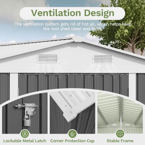 Patiowell 10x10 FT Storage Shed, Outdoor Metal Sheds, Gray - Image 5