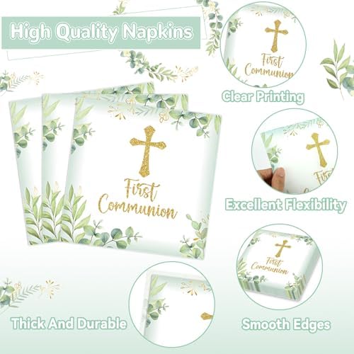 First Communion Party Plates Napkins Green God Bless Baptism Tableware Set Mi Bautizo Dinnerware Eucalyptus Leaf Disposable Paper Plate Fork for Christening Religious Baby Shower Supplies Serve 24 - Image 4