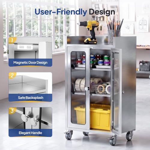 ROVSUN Stainless Steel Table with Cabinet & Wheels, 23.6" x 15.7" Commercial Kitchen Workbench for Pre Work with Glass Door, Large Space Storage for Kitchen Restaurant Hotel Garage Warehouse - Image 6