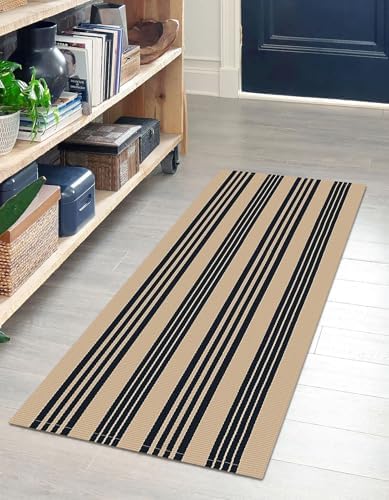 IOHOUZE 2x4.3 Striped Outdoor Door Mat, Washable Front Porch Rug, Black Tan - Image 2