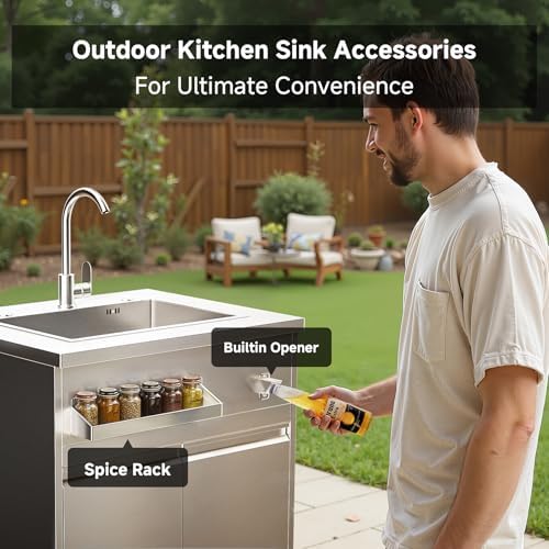 BODEGA Stainless Steel Outdoor Kitchen Sink Cabinet, Outdoor Sink With Hose Hook Up,Single Bowl Kitchen Sinks With Brake Wheels & Spice Rac, All-Weather Use, Mobile Prep Station for BBQ, Camping, RV. - Image 5