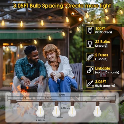 Larkvue 100FT Outdoor String Lights, Patio Light with 32 A39 Bulbs, Brown - Image 3