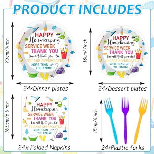 96Pcs Colorful Happy Housekeeping Week Paper Plates and Napkins We Appreciate You Disposable Tableware Thanks for All You Do Party Plate for 24 Guests Housekeepers Appreciation Party Supplies - Image 2