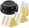 Fijinhom 175Pcs Black Gold Disposable Plates, Plastic Plates for 25 Guests by Fijinhom