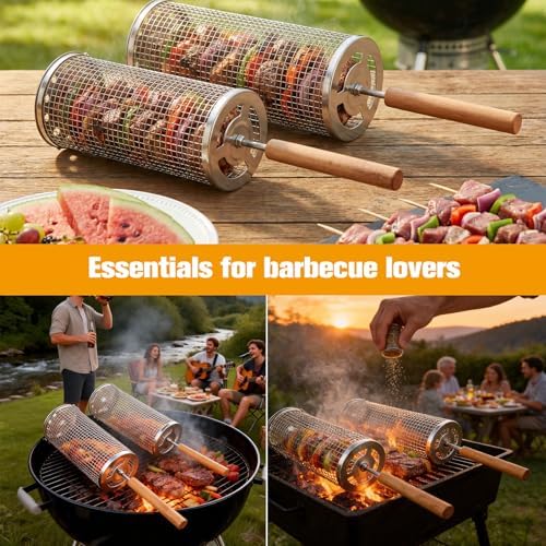 Rolling Grill Basket,7-Piece BBQ Set,Stainless Steel Grilling Basket with Lid and Removable Wooden Handle, BBQ Grill Accessories for Vegetables, Shrimp, Meat ,Outdoor Cooking Perfect Gifts for Men Dad Husband - Image 6