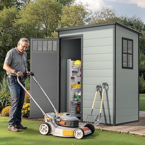 DWVO 5x3FT Outdoor Storage Shed with Fence-Style and Side Windows, Floor, Lockable Doors, Plastic Storage for Backyard and Garden, Blue-Gray - Image 3