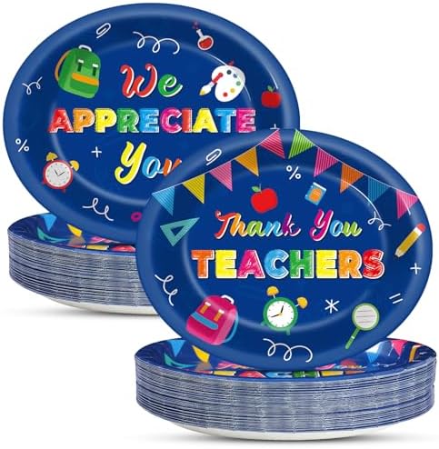 Qyeahkj 50 PCS Thank You Teachers Oval Paper Plates Large 11” Disposable We Appreciation You Party Decorations Graduation Supplies Favor Thank You Plates for Teachers Day Thankful Tableware Set by Qyeahkj